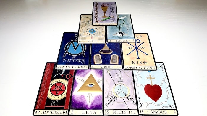 Disposition des cartes pour un tirage en Pyramide de l'Oracle de la Triade.
