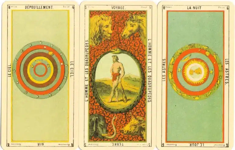 Trois cartes du tarot égyptien Oracle des Dames en orientation droite et renversée : Le Ciel, L'Homme et les Quadrupèdes, Les Astres