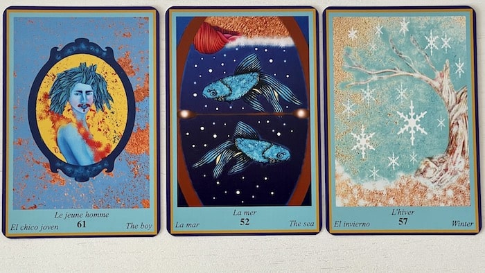 Exemple de tirage divinatoire à trois cartes avec l'Oracle Bleu