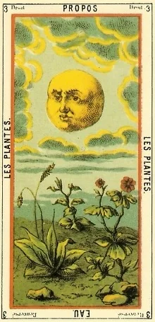 Une Lune au milieu des plantes représente la carte III du tarot égyptien.