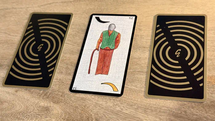 Un homme avec une canne, illustration de la carte 52 de l'Oracle Gé : L'Homme Âgé.