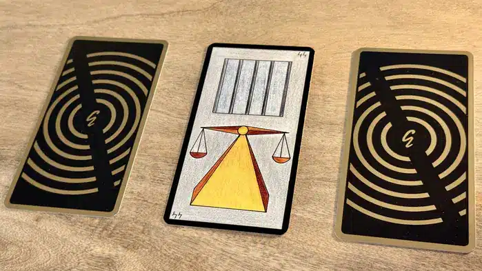 Une balance et une fenêtre avec des barreaux, illustration de la carte 44 de l'Oracle Gé : La Justice.