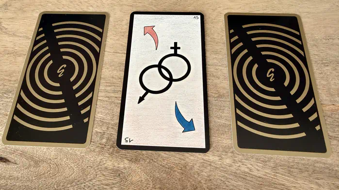 Des symboles féminin et masculin entrelacés, illustration de la carte 15 de l'Oracle Gé : Les Symboles Sexuels.